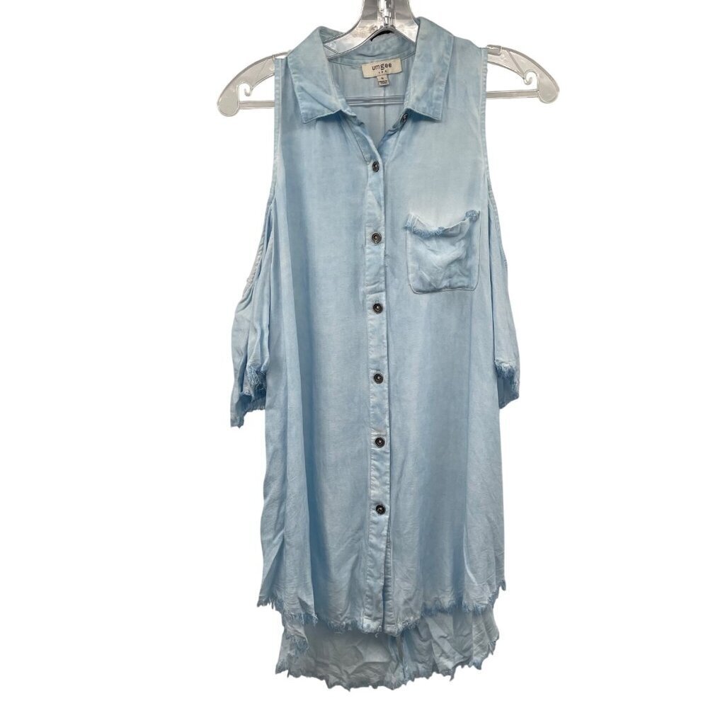 Umgee Womens Cold Shoulder Button Up Top Frayed Back Slit Blue Size Small